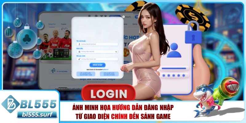 Ảnh minh họa hướng dẫn đăng nhập từ giao diện chính đến sảnh game